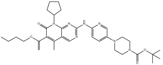 Structure of tert-butyl 4-(6-(8-cyclopentyl-5-Methyl-7-oxo-6-(1-propoxyvinyl)-7,8-dihydropyrido[2,3-d]pyriMidin-2-ylaMino)pyridin-3-yl)piperazine-1-carboxylate CAS 866084-31-3