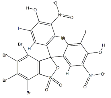 Structure of bis(3′,3”-diiodo-4′,4”-dihydroxy-5′,5”-dinitrophenyl)-3,4,5,6-tetrabromosulfonephthalein <span class="caps">CAS</span> 145551-16-2 Structure of bis(3',3''-diiodo-4',4''-dihydroxy-5',5''-dinitrophenyl)-3,4,5,6-tetrabromosulfonephthalein CAS 145551-16-2