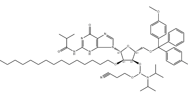 structure of DMTr 2 O C16 rGiBu 3 CE Phosphoramidite CAS 2382942 32 5 600x299 - DMTr-2'-O-C16-rG(iBu)-3'-CE-Phosphoramidite CAS 2382942-32-5