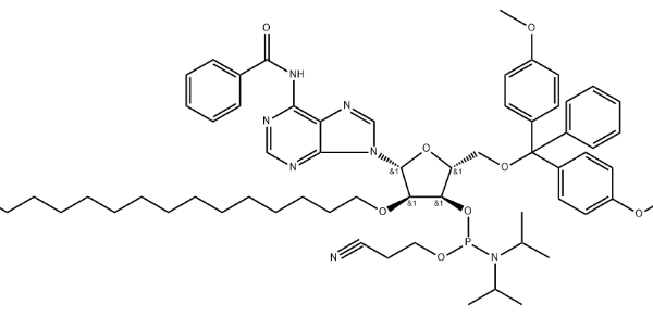 structure of N6 Bz 5 O DMTr 2 O hexadecanyl adenosine 3 CED phosphoramidite CAS 2382942 35 8 600x292 - DMTr-2'-O-C16-rC(Ac)-3'-CE-Phosphoramidite CAS 2382942-38-1