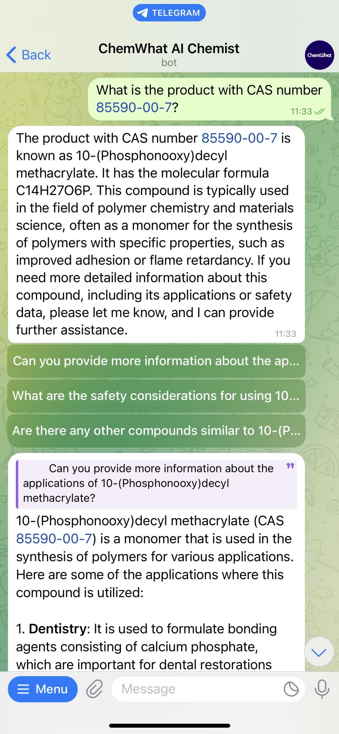 ChemWhat AI Chemist use - AI Chemist, powered by ChemWhat, now on Telegram